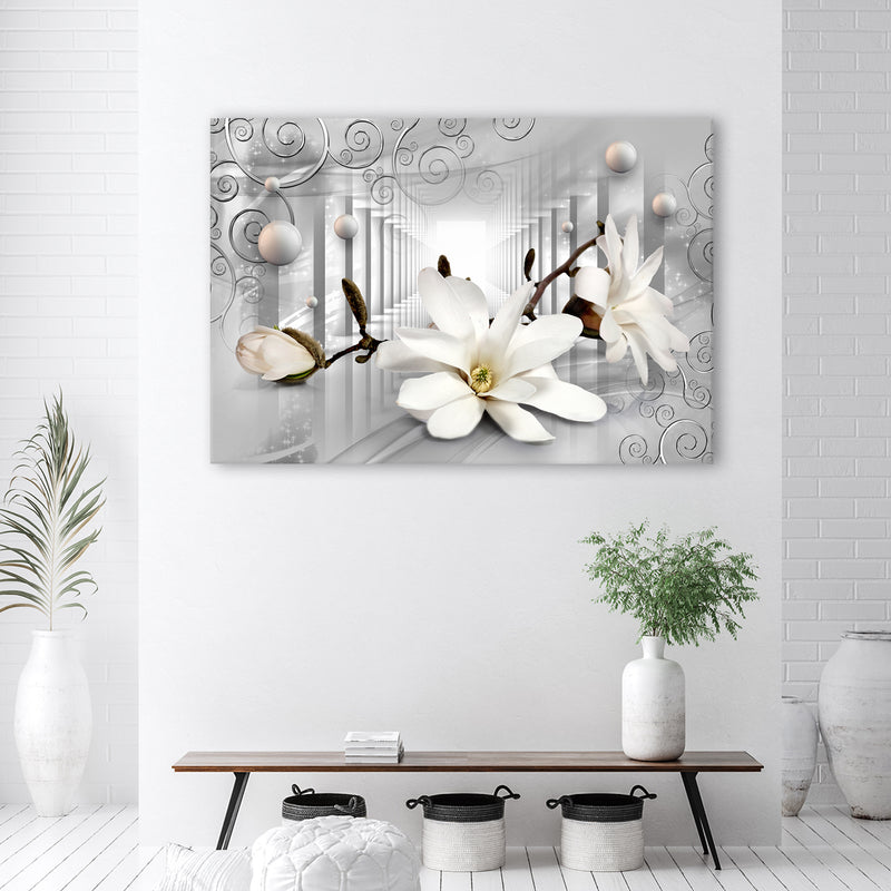 Deco panel print, Flowers in tunnel and 3D silver balls