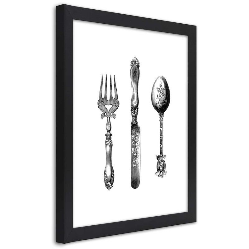 Picture in black frame, Rustic cutlery
