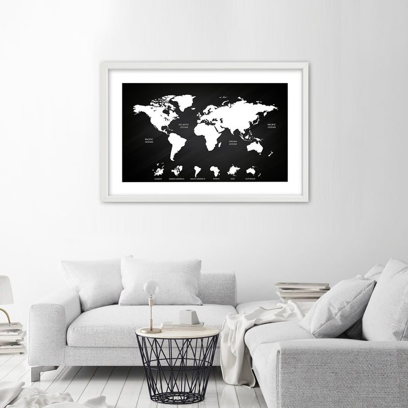Picture in white frame, Contrasting world map and continents