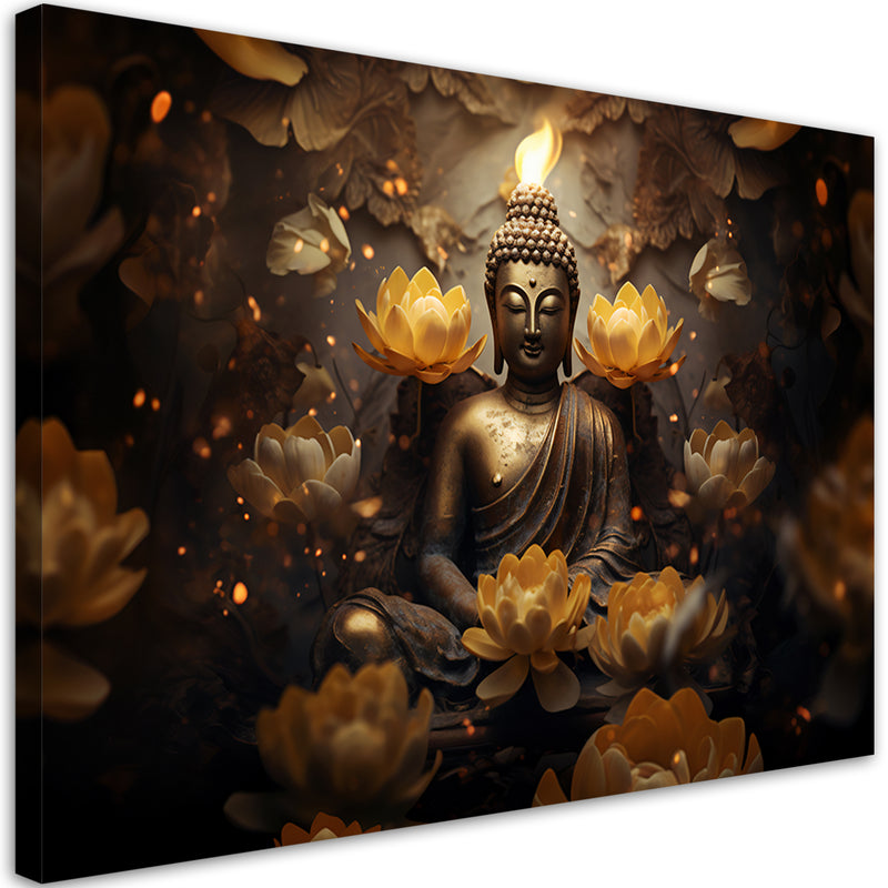 Cuadro, Buda dorado y flores de loto.