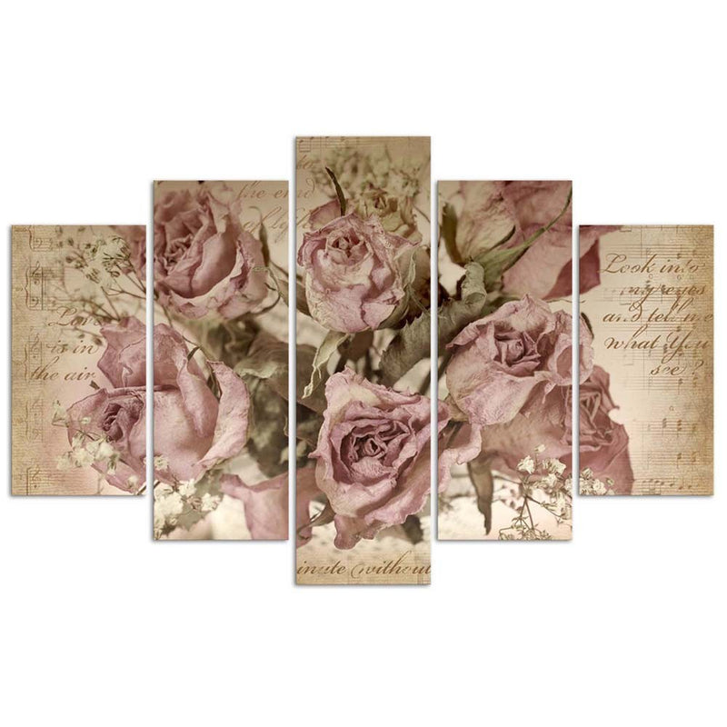 Cuadro en lienzo de cinco piezas, Rosas y notas