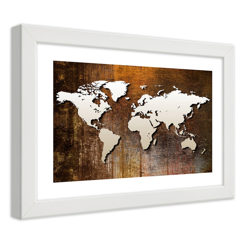 Picture in white frame, World map on wood