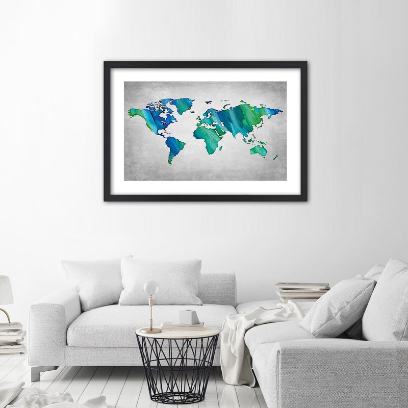 Picture in black frame, Coloured world map on concrete