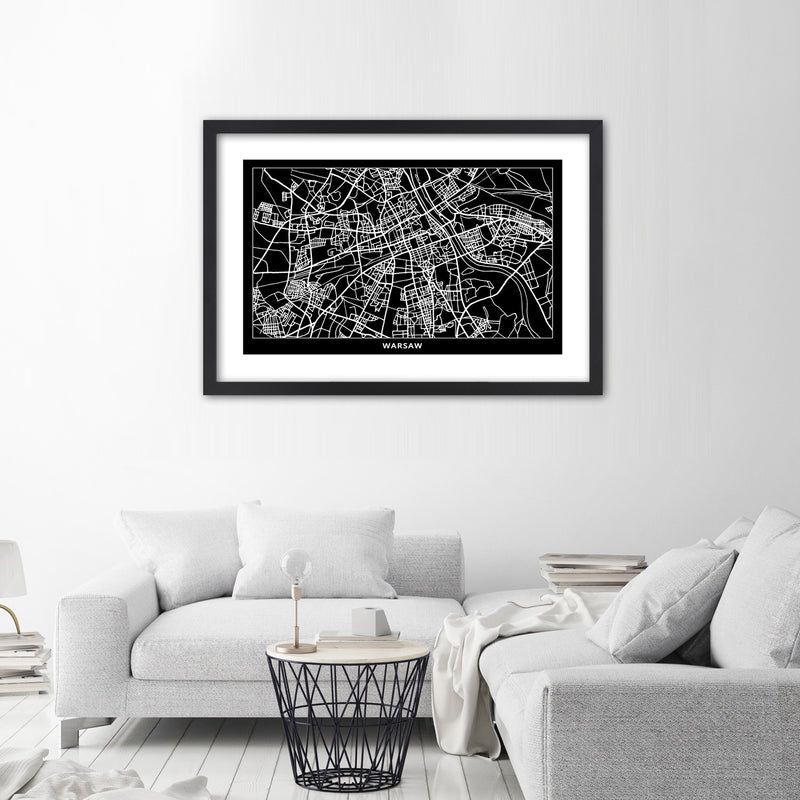 Picture in black frame, City plan warsaw