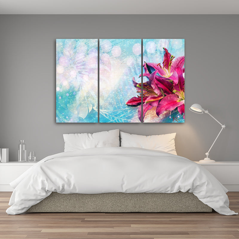 Three piece picture canvas print, Pink flowers on blue background