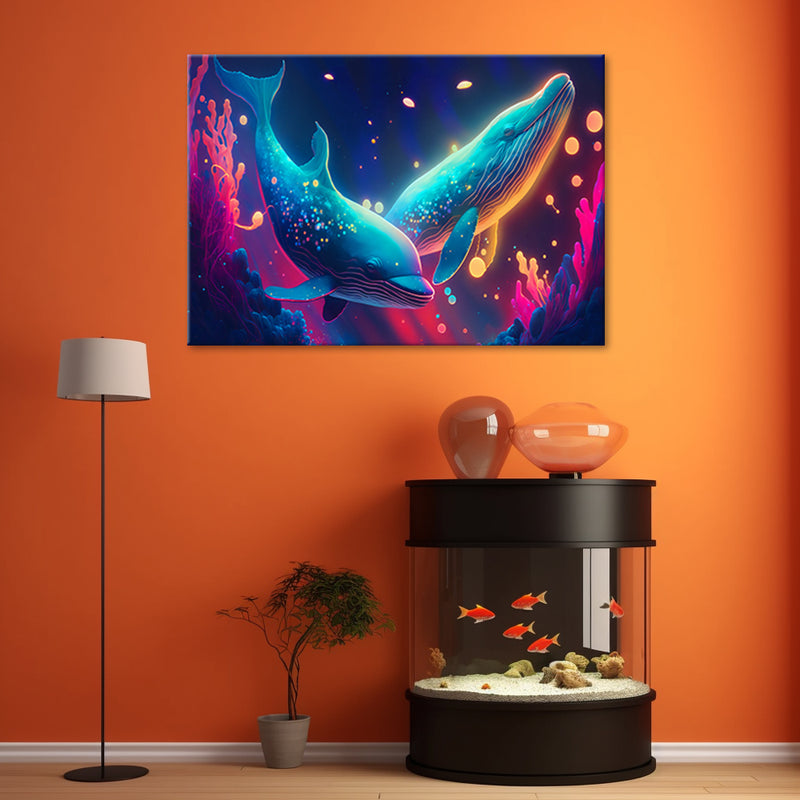 Canvas print, Neon whales underwater