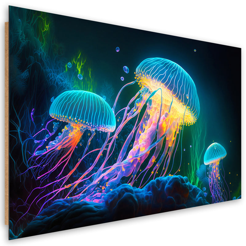 Impresión de panel decorativo, Medusas de neón bajo el agua