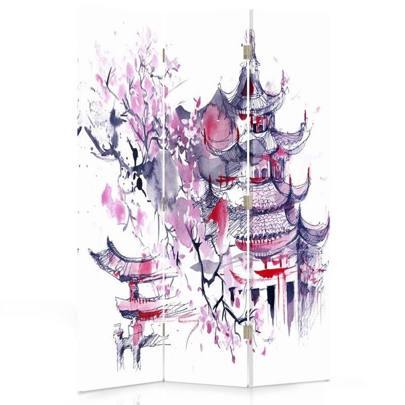 Room divider Double-sided rotatable, Cherry tree on the background of a pagoda