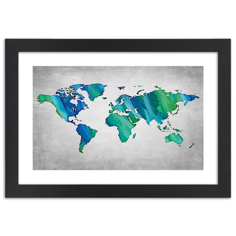 Imagen en marco negro, mapa mundial coloreado sobre hormigón