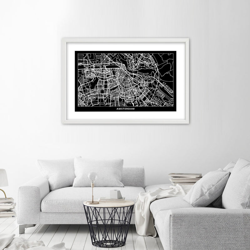 Imagen en marco blanco, plano de la ciudad de Amsterdam