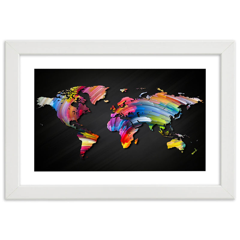 Imagen en marco blanco, mapa mundial en diferentes colores.