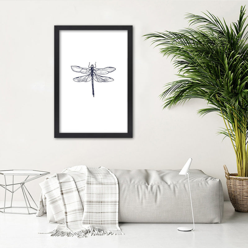Picture in black frame, Dragonfly drawn