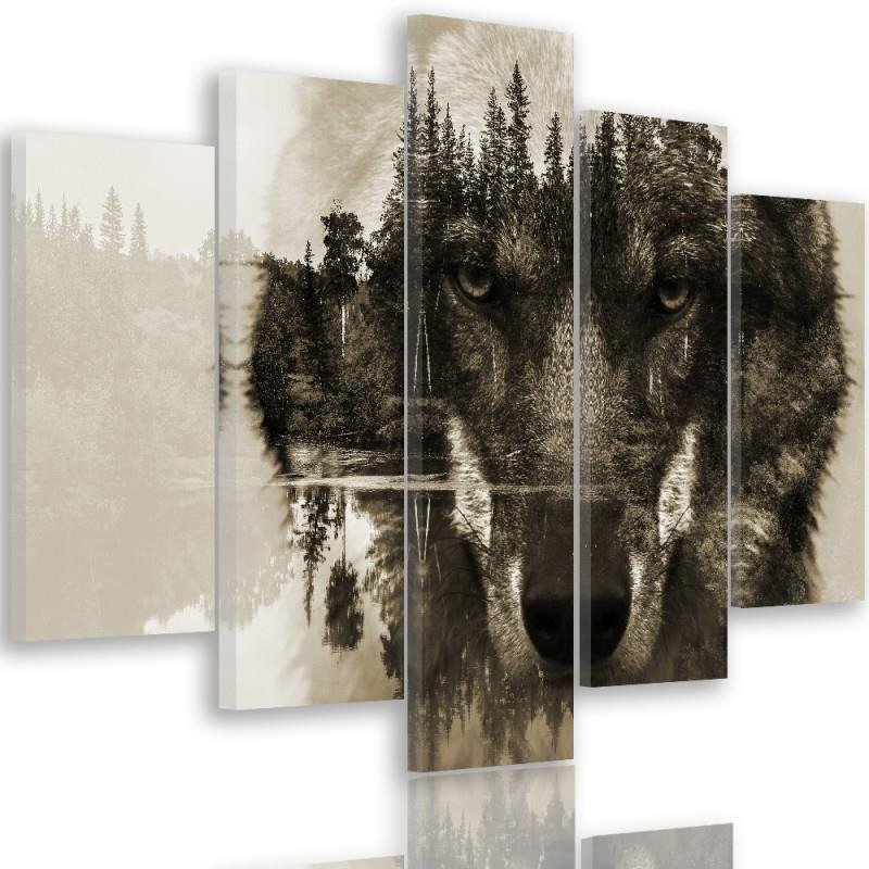 Five piece picture canvas print, Wolf in front of a forest - brown