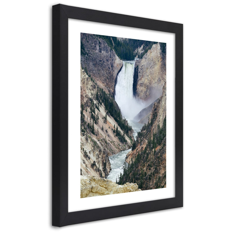 Picture in black frame, Great waterfall in the mountains