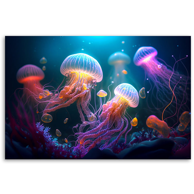 Impresión de panel decorativo, abstracción de neón de medusas