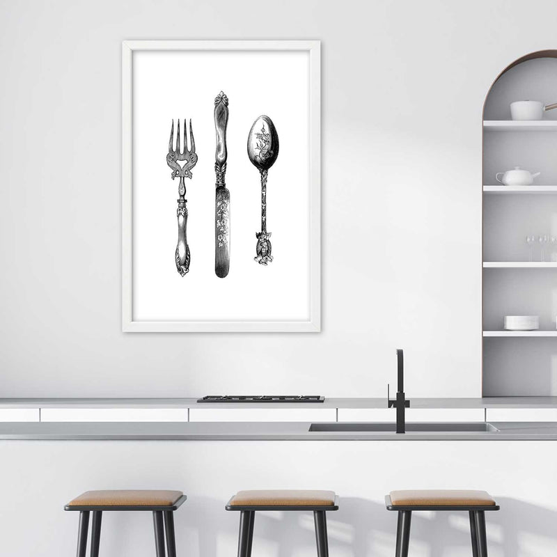 Picture in white frame, Rustic cutlery
