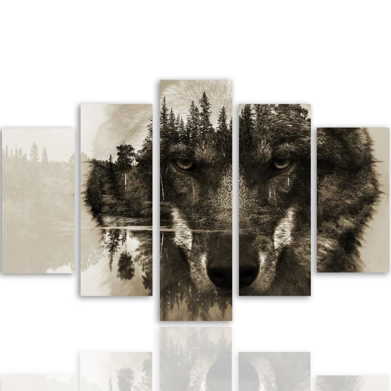 Five piece picture canvas print, Wolf in front of a forest - brown