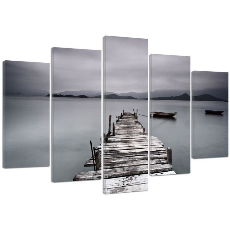Five piece picture canvas print, A pier and a boat