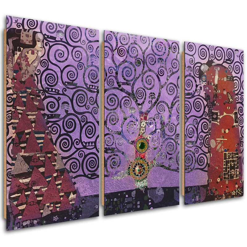 Panel decorativo de tres piezas, abstracto Violet Tree of Life