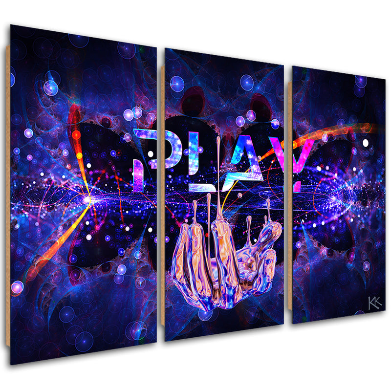 Panel decorativo con imagen de tres piezas, letrero de neón Play