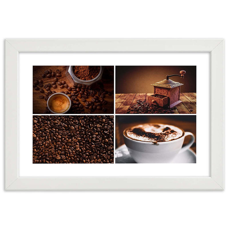 Imagen en marco blanco, molinillo de granos de café y café.