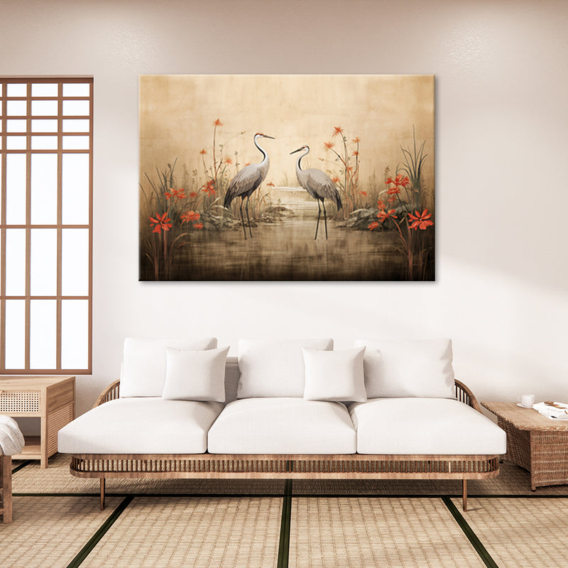 Canvas print, Cranes by the lake
