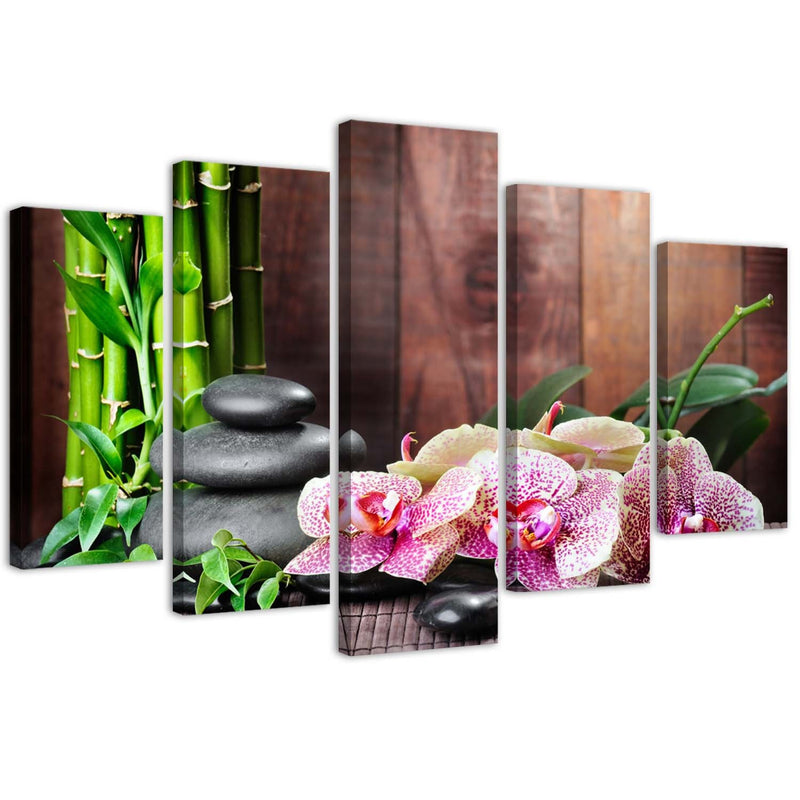 Five piece picture canvas print, Zen composition with orchid and bamboo