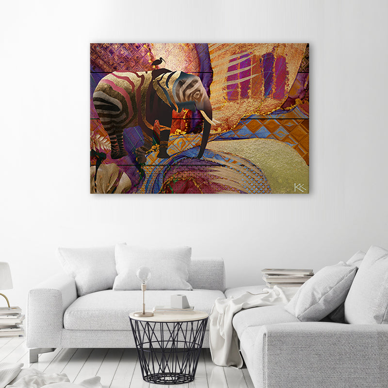 Impresión de panel decorativo, elefante dorado sobre fondo abstracto