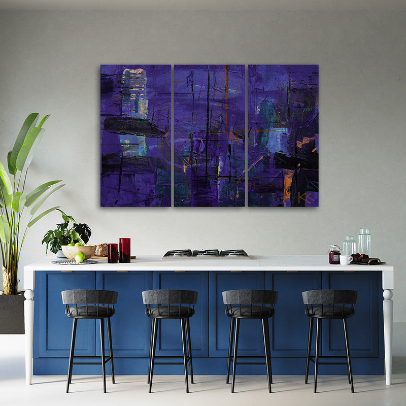 Cuadro de tres piezas en lienzo, abstracto violeta pintado a mano