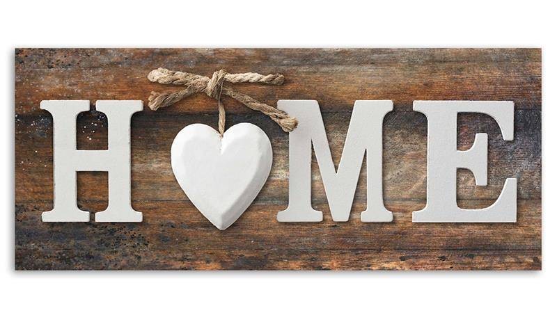 Canvas print, Home inscription with heart on an old wooden board