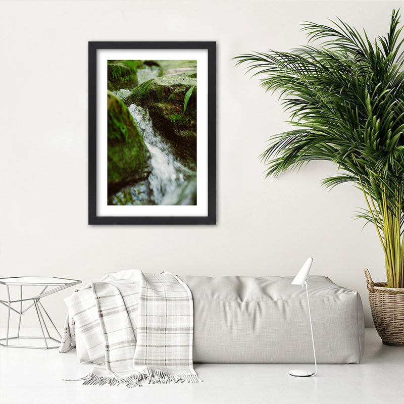 Picture in black frame, Rushing river