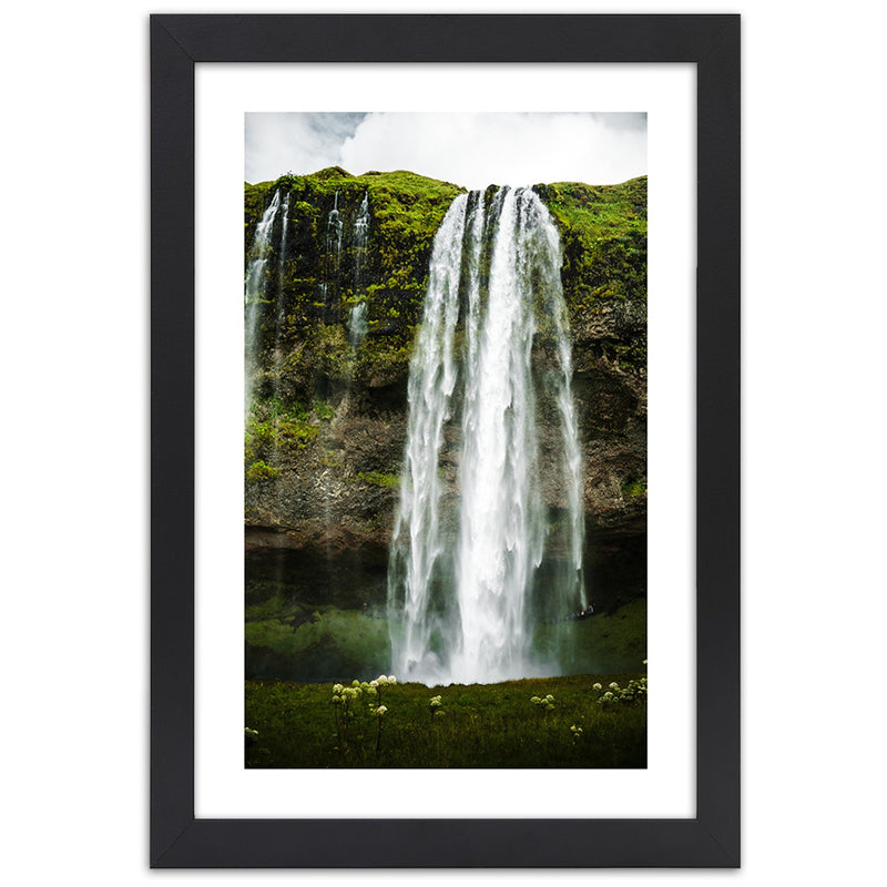 Picture in black frame, Waterfall in the green mountains