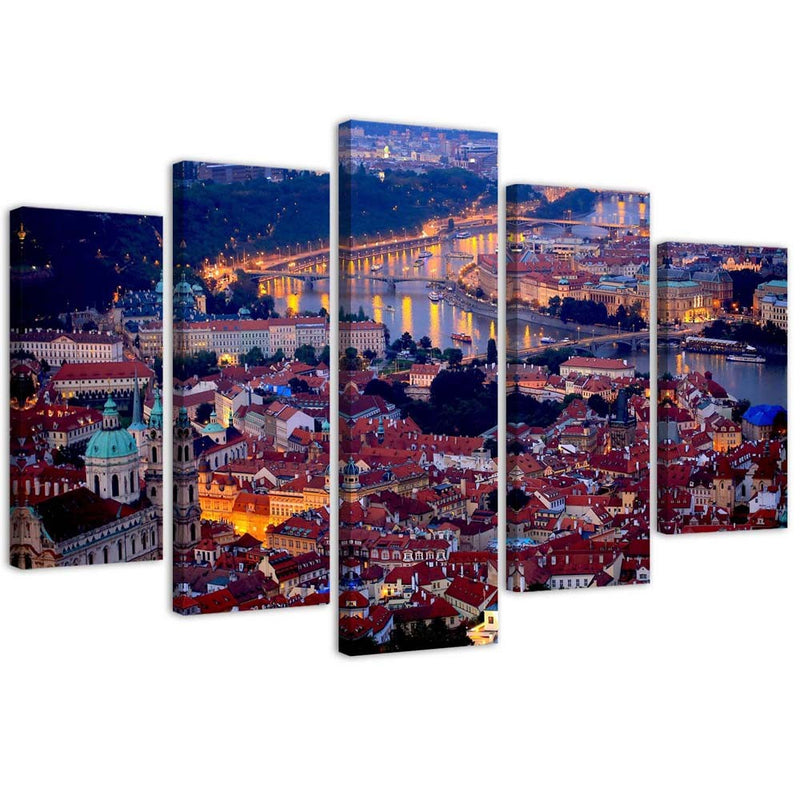 Five piece picture canvas print, Prague at dusk