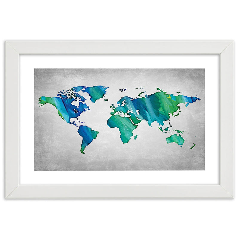 Picture in white frame, Coloured world map on concrete
