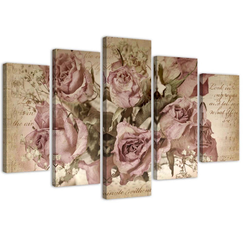 Five piece picture canvas print, Roses and notes