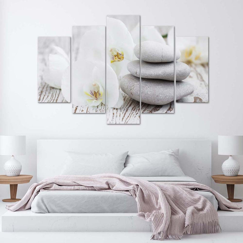 Five piece picture deco panel, White zen orchid and stones