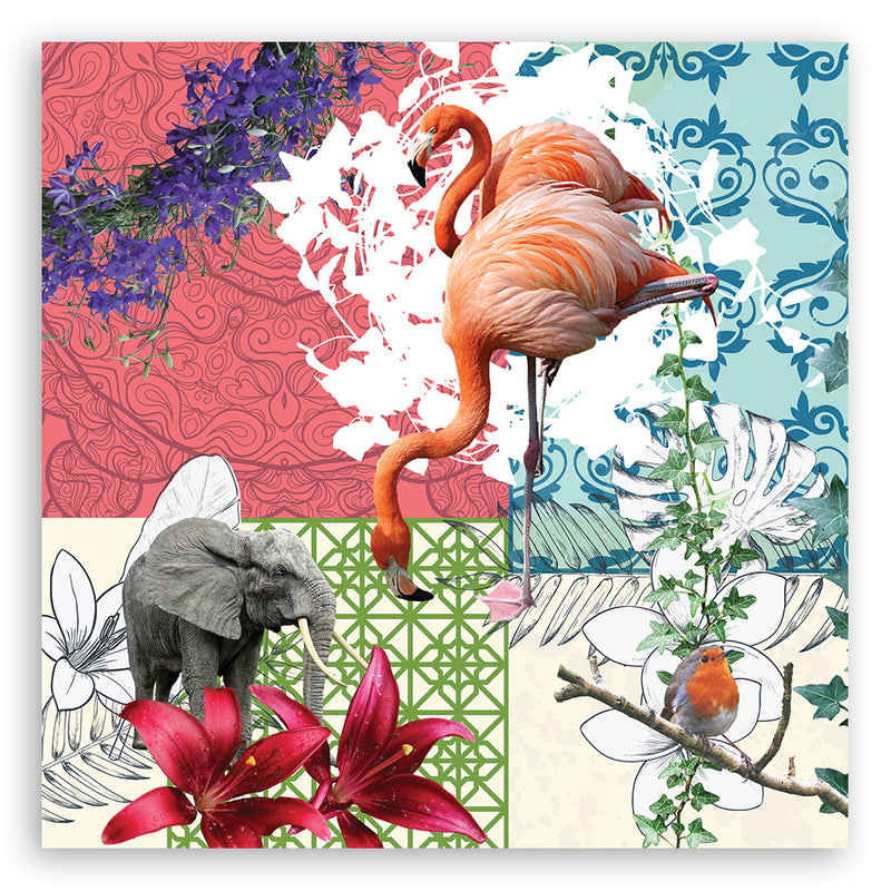 Impresión de panel deco, collage de pájaro elefante flamenco