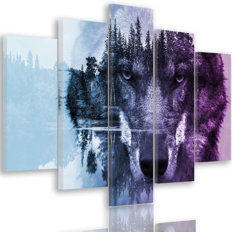 Cuadro en lienzo de cinco piezas, Lobo en el bosque - violeta