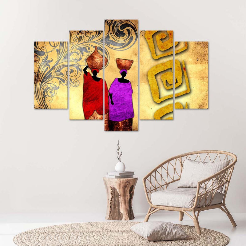 Panel decorativo con cuadros de cinco piezas, mujeres africanas con jarras