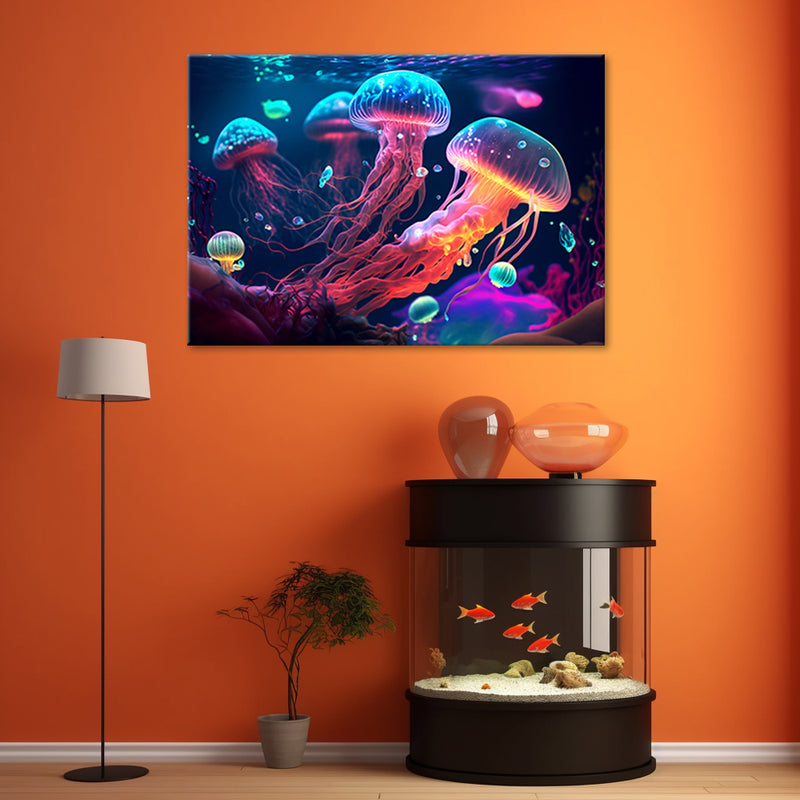 Deco panel print, Neon sea jellyfish