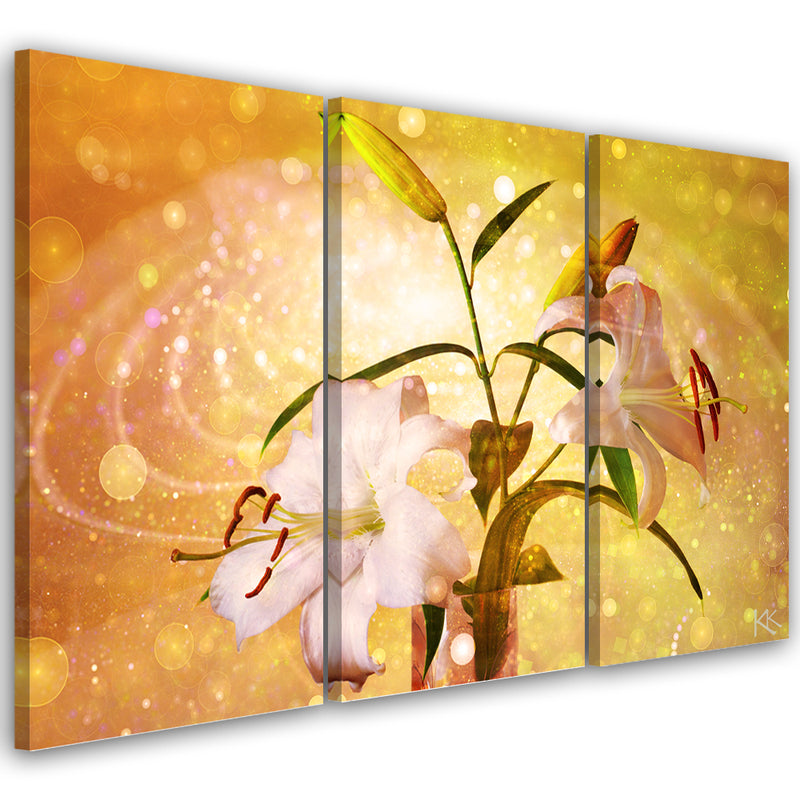 Three piece picture canvas print, Lily on yellow background