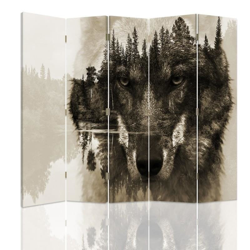 Separador de ambientes de doble cara, Lobo sobre el fondo del bosque en marrones