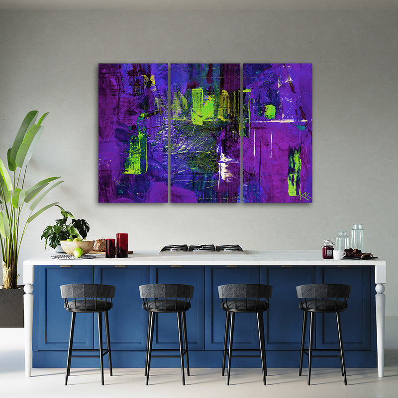 Three piece picture canvas print, Violet abstract hand painted