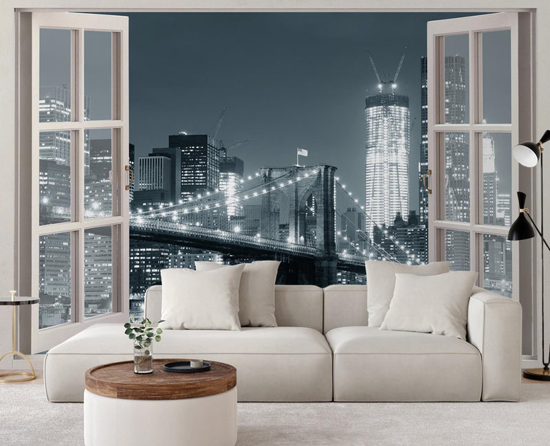 Wallpaper, Window view New York City Brooklyn Bridge black white
