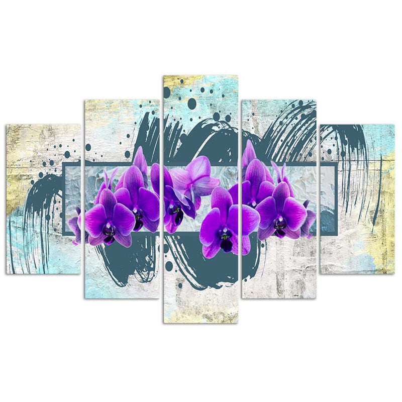 Five piece picture deco panel, Purple flowers