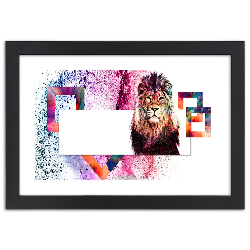 Picture in black frame, Lion with colourful mane