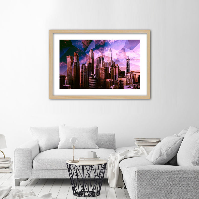 Picture in natural frame, Geometric city in purple