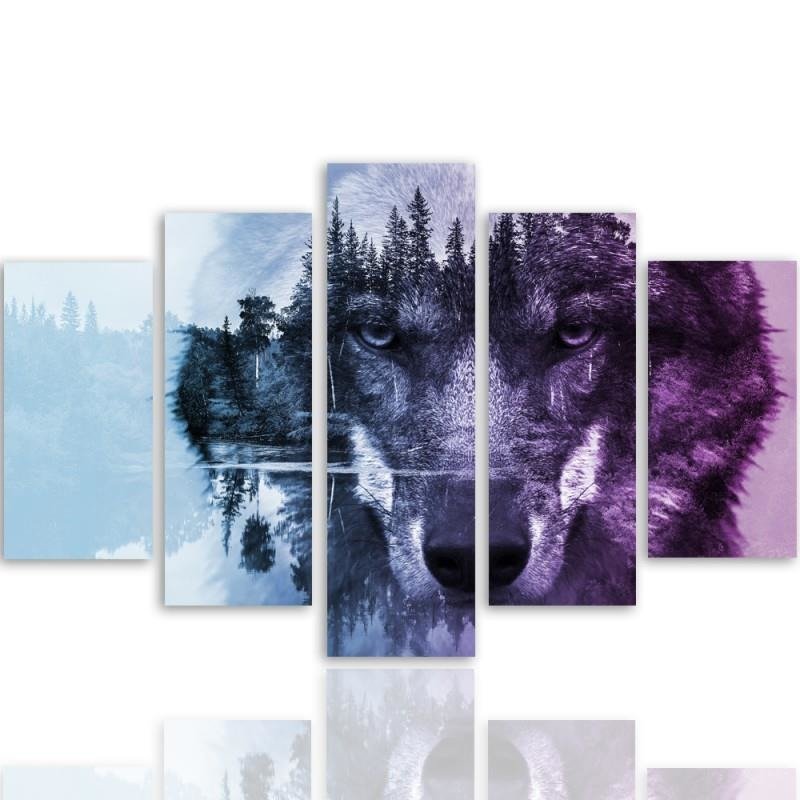 Five piece picture canvas print, Wolf in a forest - violet