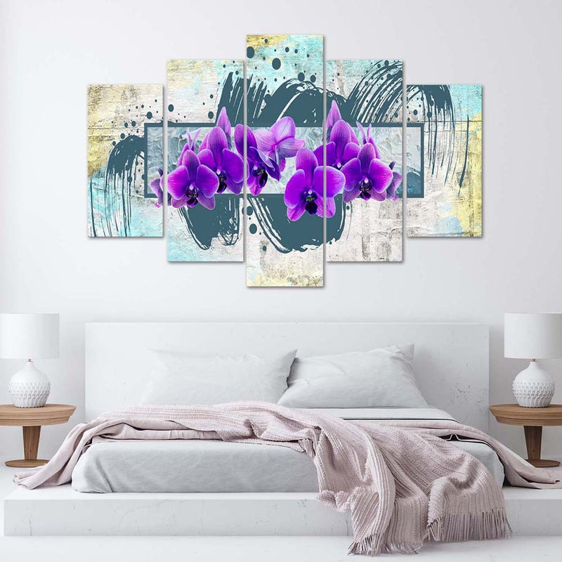 Five piece picture deco panel, Purple flowers