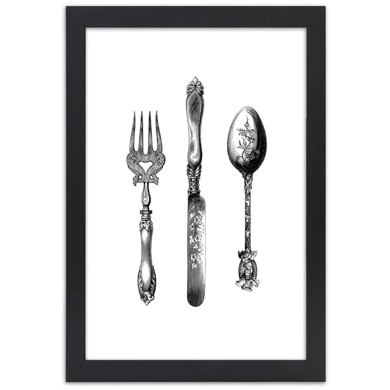 Picture in black frame, Rustic cutlery